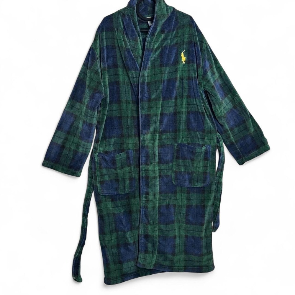 Polo Ralph Lauren Blackwatch Plaid Plush Fleece Robe S/M Pony Lounge Cozy Fall